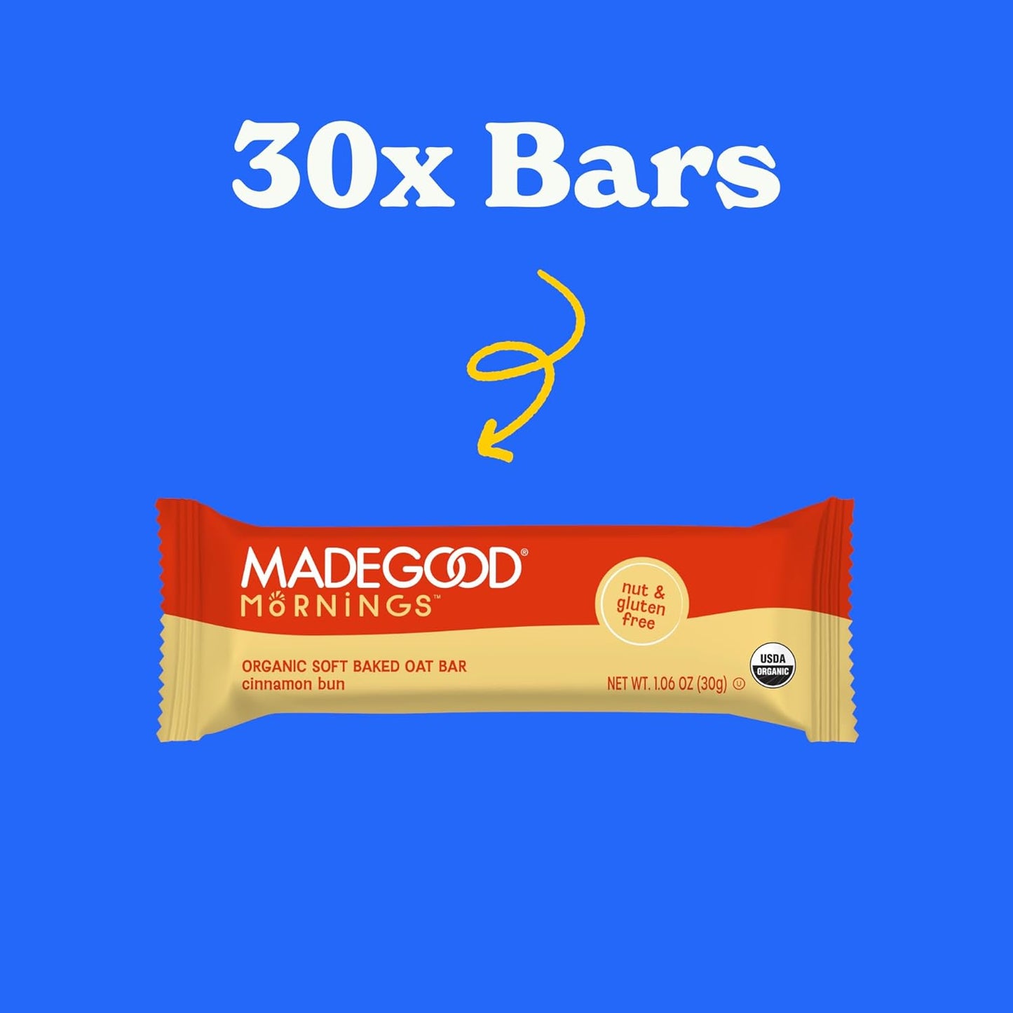 MadeGood Mornings Soft Baked Breakfast Bars, Cinnamon Bun 1.06 Oz (30 Count) Gluten Free Snacks