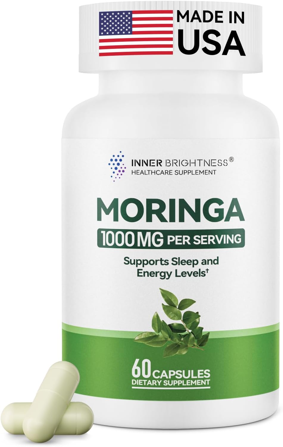 Moringa Capsules 1000mg, Moringa Leaf Extract 10:1, Energy, Sleep, Immune & Gut Health, Veg Capsules 60 Count, All-Natural, Non-GMO, Made in The USA