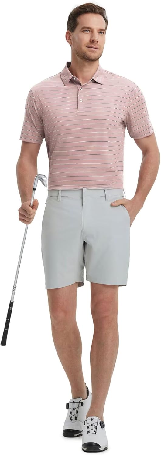 M MAELREG Mens Striped Golf Shirts Short Sleeve Silk-Like Touch Water-Resistant Breathable Soft Collared Polo Shirts for Men