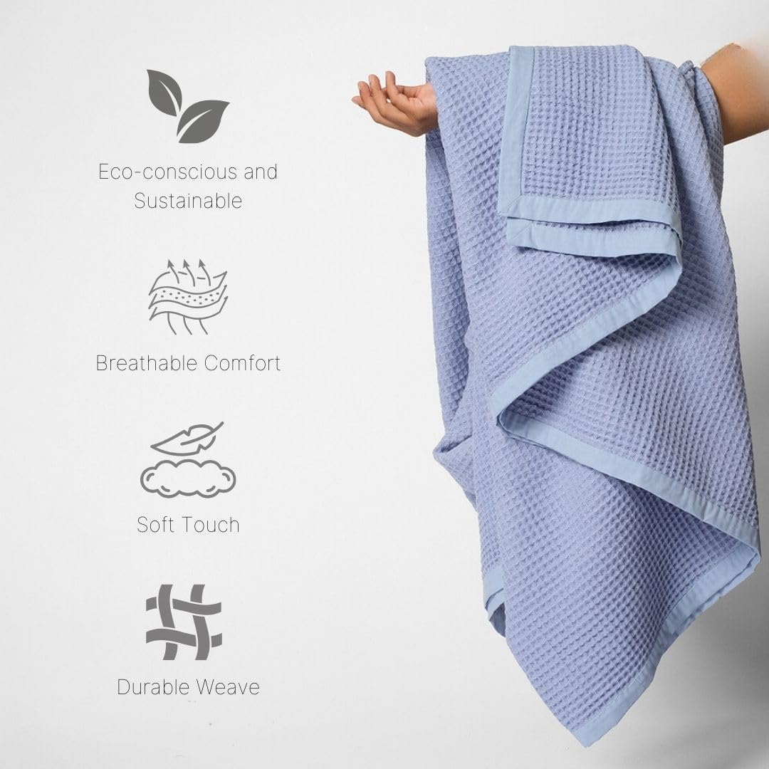 GOTS Certified Organic Cotton Waffle Weave Cozy Throw Blanket for Twin Bed & Couch - 66"X90", Modern Home Decor - Powder Blue