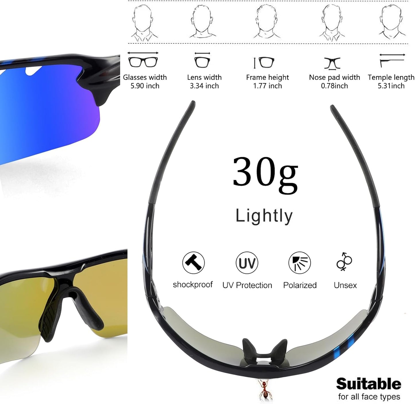 BangLong Polarized Sports Sunglasses Cycling Sun Glasses for Men Women with 5 Interchangeable Lenes for Running Baseball Golf