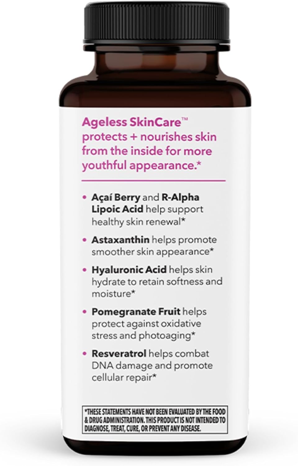 LifeSeasons Ageless Skincare - Anti Aging Supplement - Antioxidant Support - Moisturizes & Nourishes Skin - Acai Berry Astaxanthin Resveratrol R-Alpha Lipoic Acid & Pomegranate Extract - 90 Capsules