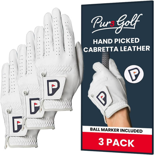 PUR3 3 Pack Golf Gloves Men Right Handed & Left Handed Golfer | Premium Cabretta Leather - Super Soft Feel - Men's Golf Glove with Ball Marker
