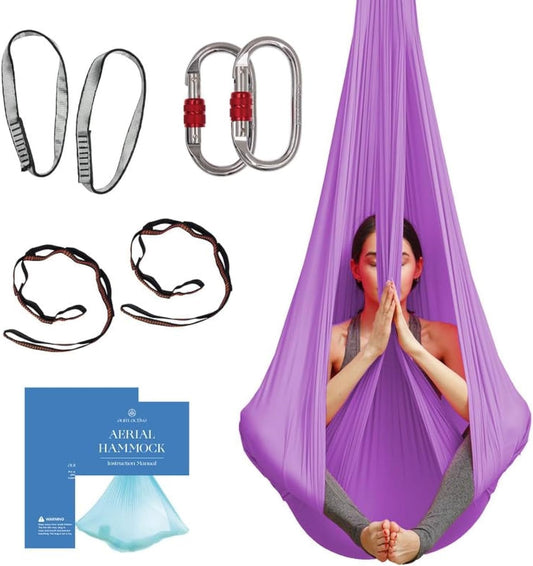 Aerial Silk Yoga Hammock & Swing for Home, Inversion Exercises, Starter Kit for All Levels - Durable with Extension Straps, Carabiners, and Pose Guide