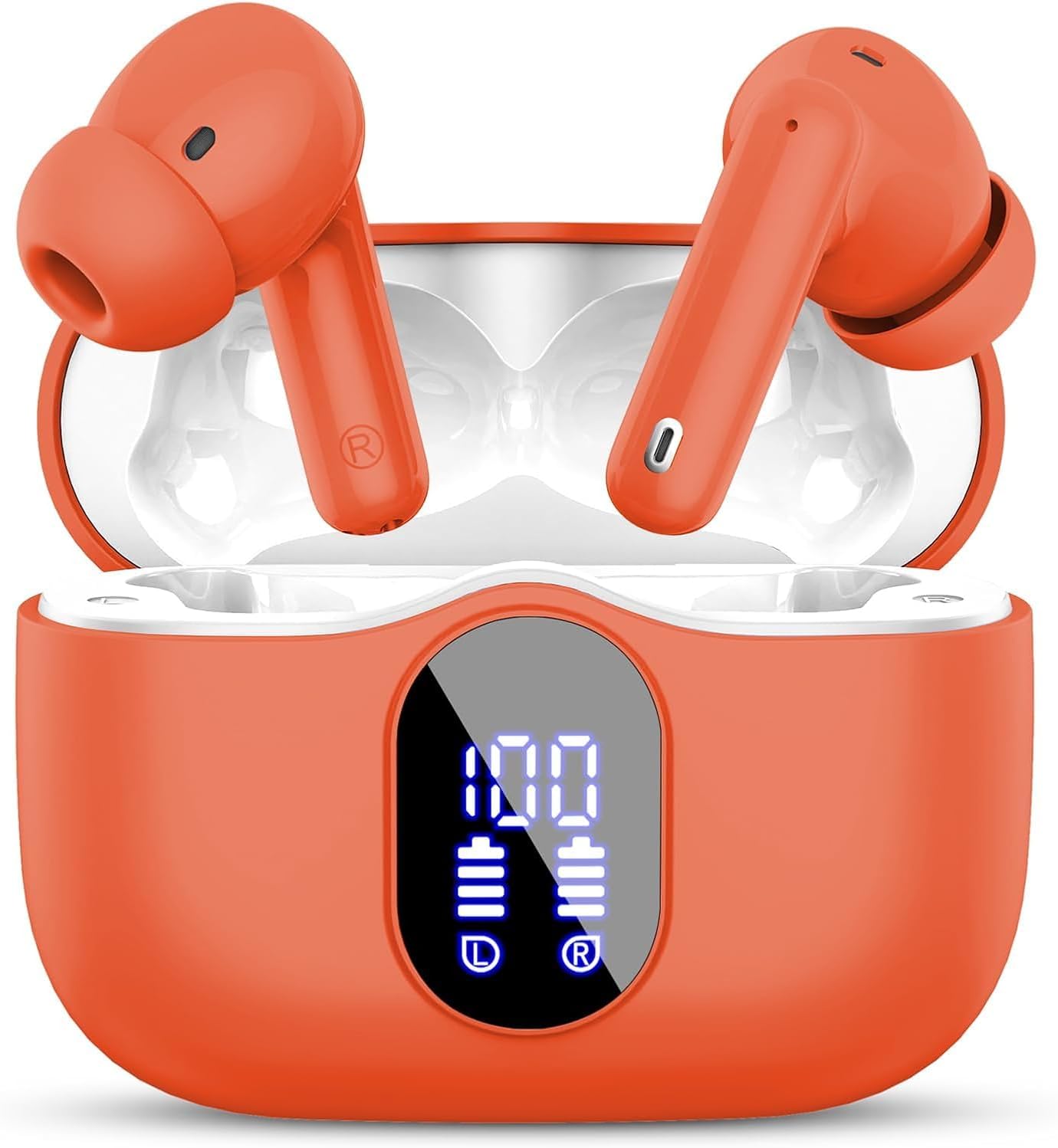 Wireless Earbuds, Bluetooth 5.4 Headphones Bass Stereo, Ear Buds with Noise Cancelling Mic, IP7 Waterproof in Ear Earphones, 36H LED Display Bluetooth Earbuds for Laptop Pad Phones Sports, Orange