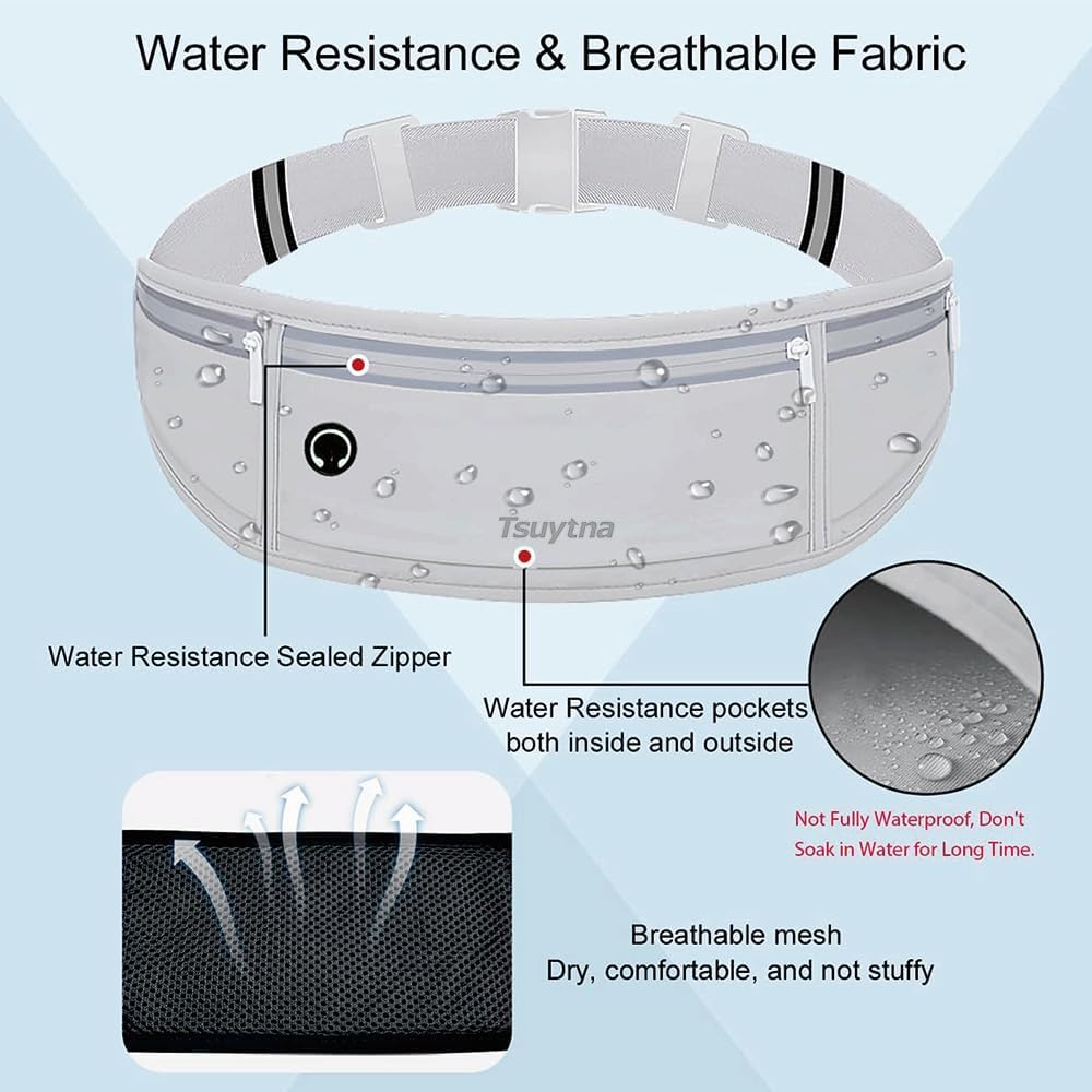 Running Belt for Women & Men - Slim Phone running belt with Water-Resistant Phone Holder, 3 pockets Adjustable Waist Strap, Reflective Safety Design for Running, Hiking, Travel，Fitness (Grey)