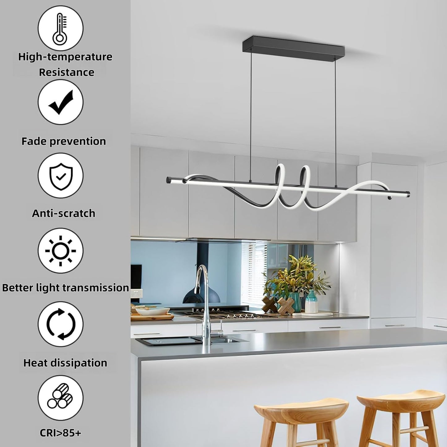 Modern LED Pendant Lights, Ceiling Chandelier Dimmable with Remote Control 3000k-6000K Adjustable Color Temperature, Aluminum Island Lighting Lamp Fixture for Kitchen, Dining Room(39in Black)