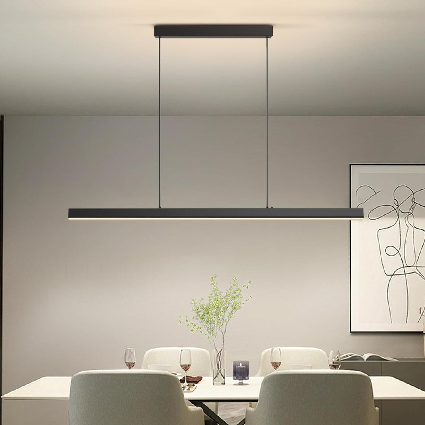Modern Ceiling Pendant Lights,71in LED Black Linear Chandelier with Remote Control 3000k-6000K Adjustable Color Temperature,Island Lighting Hanging Light for Kitchen,Dining Room,Living Room