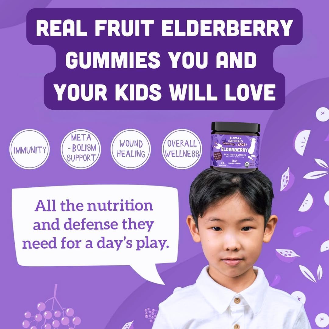 Llama Naturals Elderberry Gummies for Kids, Vegan, Organic Immune Support Supplement with Vitamin C and Zinc, Toddler Real Fruit Gummy Vitamins for Immunity, Chewable, No Added Sugar Cane, 120 Ct
