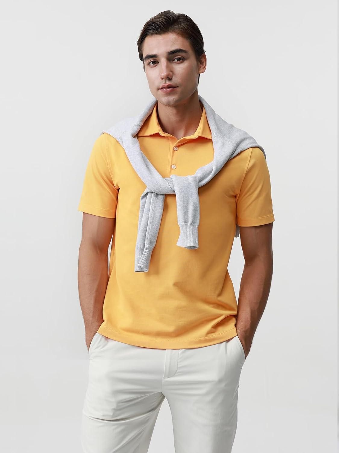 BCI Cotton Blend Pique Polo Shirts for Men Short Sleeve Tops Comfort Split Hem with 3-Color Tape