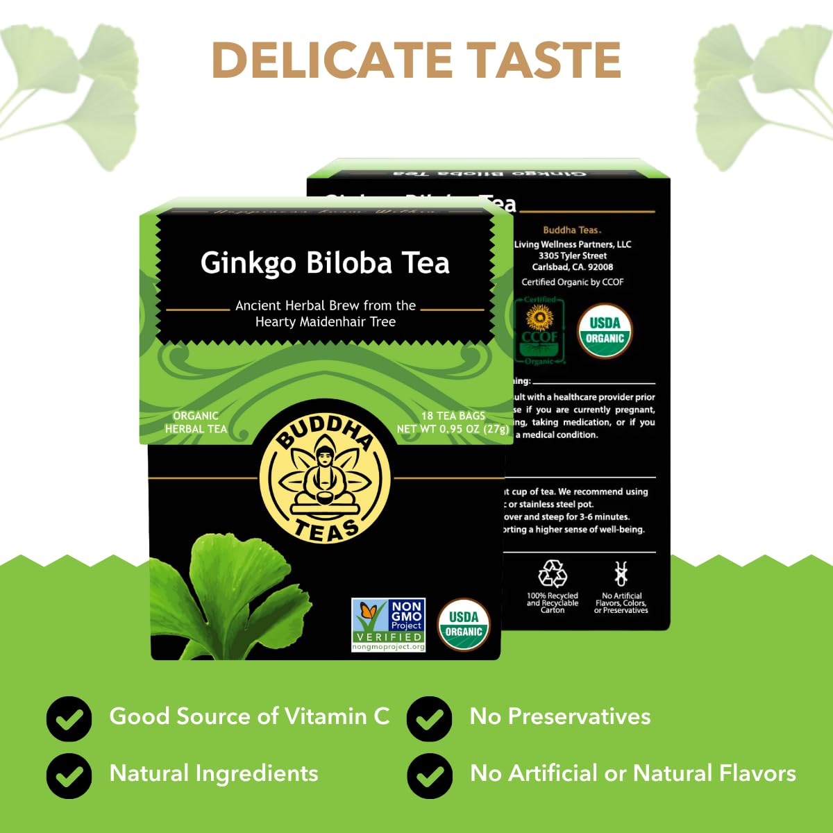 Buddha Teas - Ginkgo Biloba - Organic Herbal Tea - For Cognitive Balance & Overall Health - With Vitamin C - Energizing Blend - Caffeine Free - 100% Kosher & Non-GMO - 18 Tea Bags (Pack of 1)