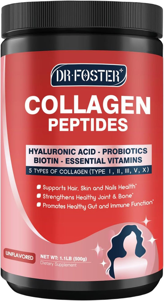 DRFOSTER Multi-Collagen-Peptide-Powder with Probiotics, 50 Servings of Hydrolyzed Collagen Peptides with Hyaluronic Acid, Biotin & Multivitamins - Supports Skin, Hair, Nails Health