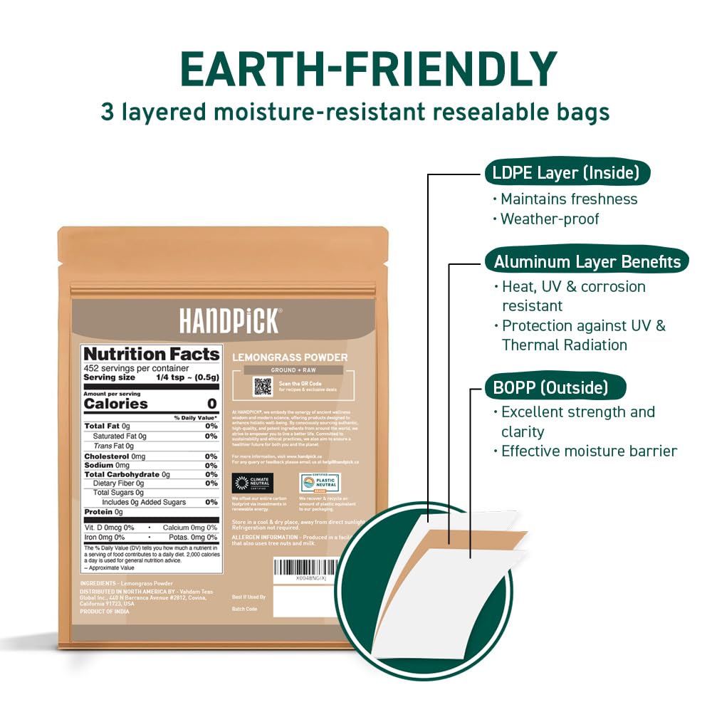 HANDPICK Lemongrass Powder (226g/8oz) Non GMO, Gluten Free, 100% Raw, Sourced from India, For Cooking, Smoothies, Tea, Packed in Resealable Ziplock Pouch