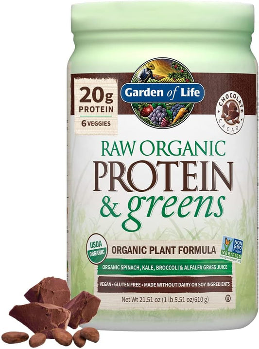 Garden of Life Raw Organic Protein & Greens - Chocolate - Vegan Protein Powder for Women and Men, Plant Protein, Pea Protein, Greens & Probiotics - Dairy Free, Gluten Free Low Carb Shake, 20 Servings