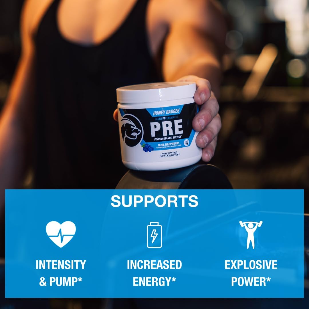 Honey Badger Pre Workout Powder, Keto Vegan Preworkout for Men & Women, Beta Alanine & Caffeine, Sugar Free Natural Energy Supplement, Blue Raspberry, 30 Servings