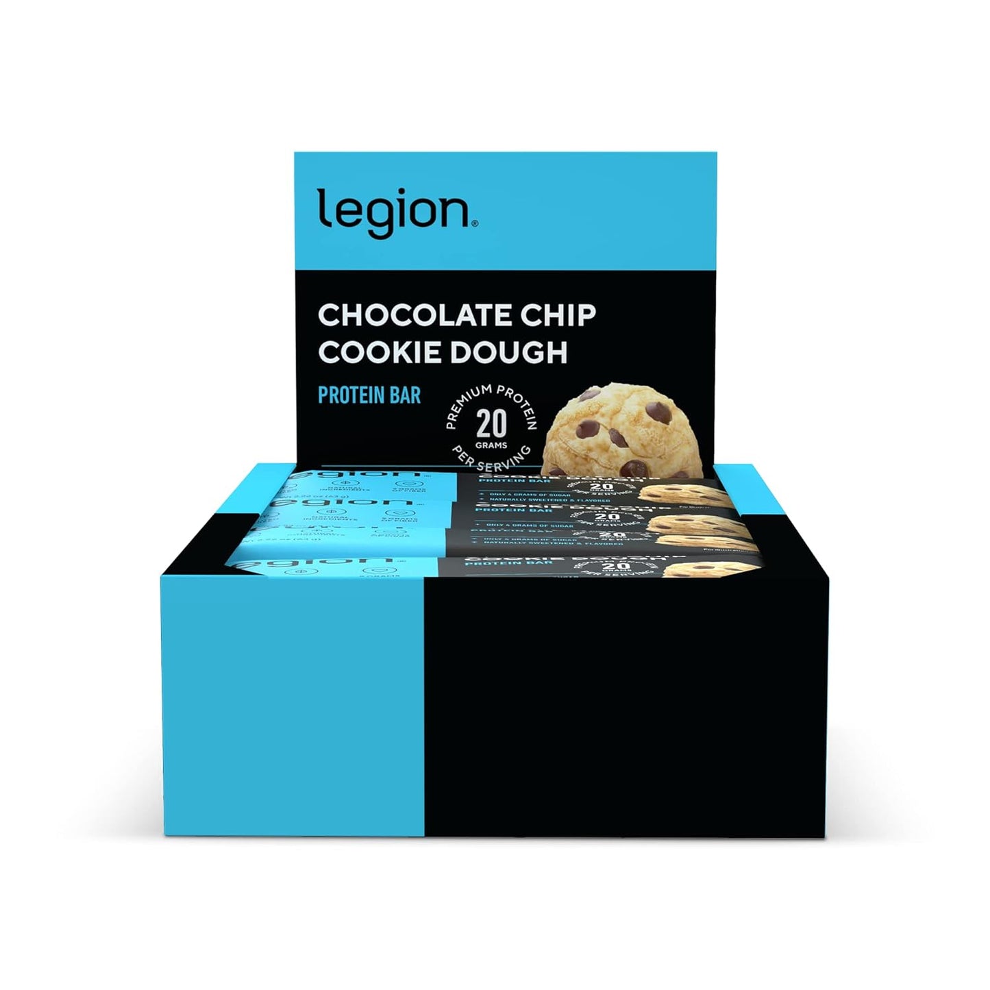 Legion Chocolate Chip Cookie Dough Protein Bar - 100% Whey Protein Bars Low Sugar High Protein with Prebiotic Fiber - Soy-Free, Gluten Free, Naturally Flavored, Low Fat, High Protein Bars (12 Count)