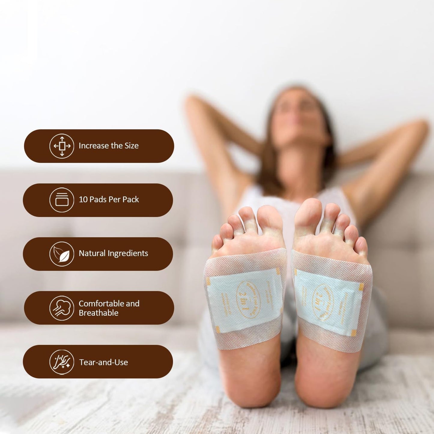 2 in 1 Foot Pads, Bamboo Vinegar Coconut Shell Powder Foot Pads with ''Stay in Place'' Bigger Adhesive Sheet(10 Pads)