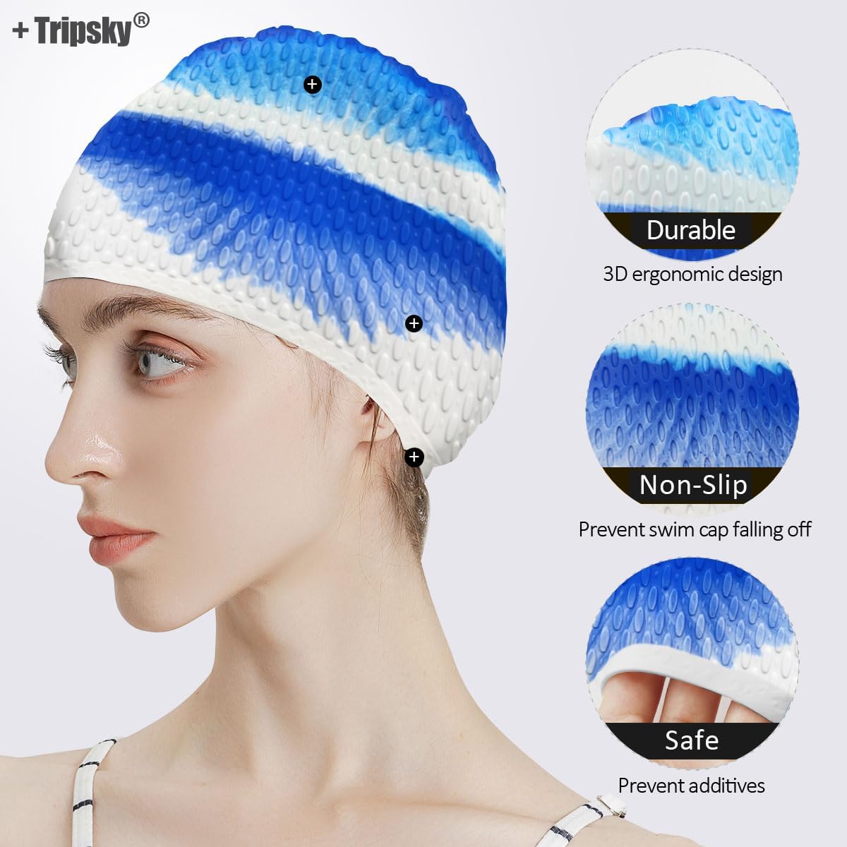 Tripsky Silicone Swim Cap,Comfortable Bathing Cap Ideal for Curly Short Medium Long Hair, Swimming Cap for Women and Men, Shower Caps Keep Hairstyle Unchanged…