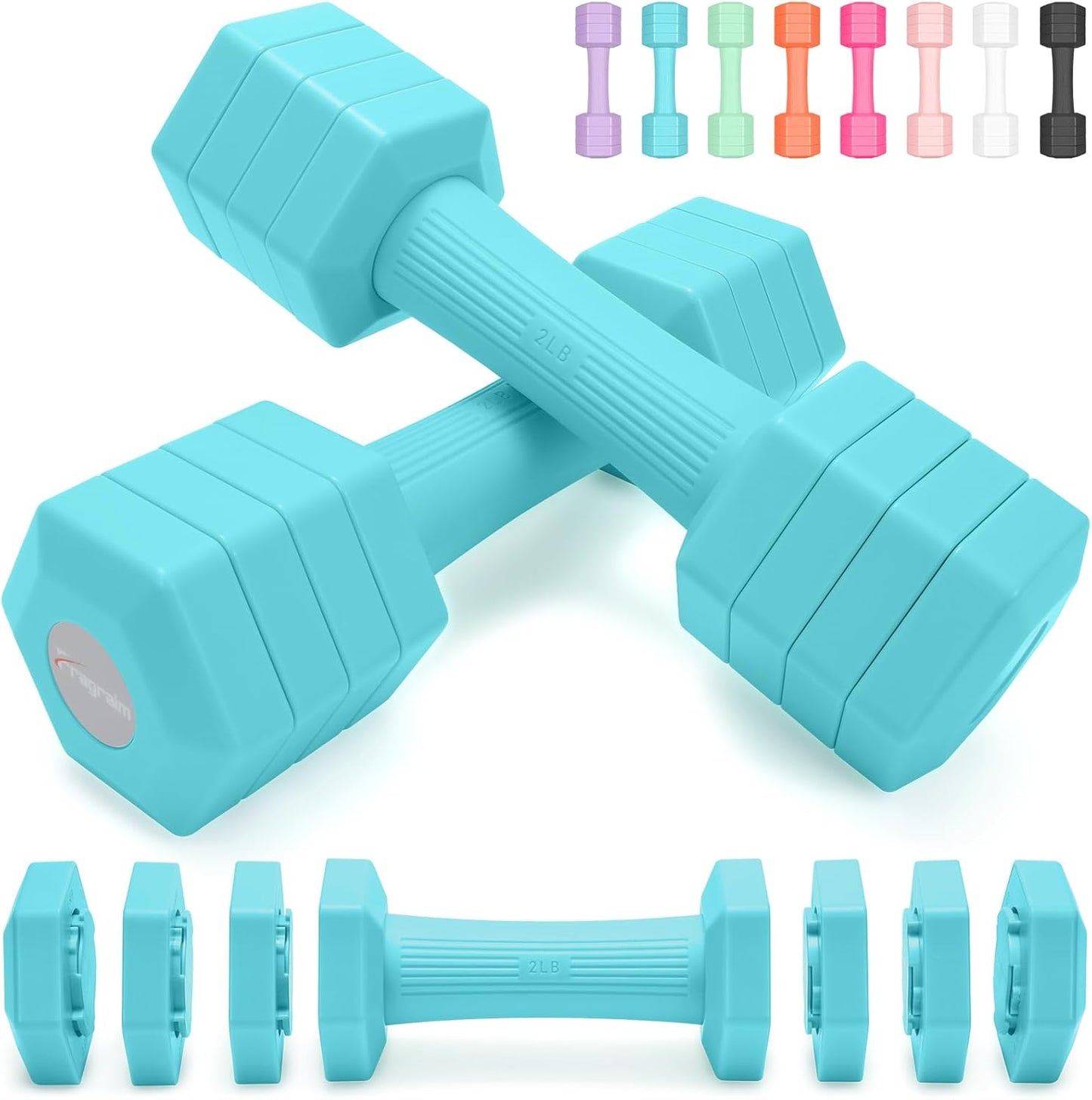 Adjustable Dumbbells Set, 4 in 1 Hand Weights Set for Women Men 10 LB/ 12 LB Dumbbell Pair Each 2lbs 3lbs 4lbs 5lbs Weights Dumbbells Set with TPU Soft Rubber Handle for Home Gym Exercise Fitness