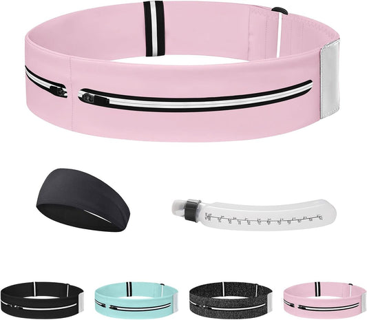 Running Belt for Women and Men, Adjustable Fanny Packs No Bounce Phone Holder for Running with Water Bottle & Headband, Waterproof Reflective Waist Packs for Runner Fits All Phones (M-Pink)
