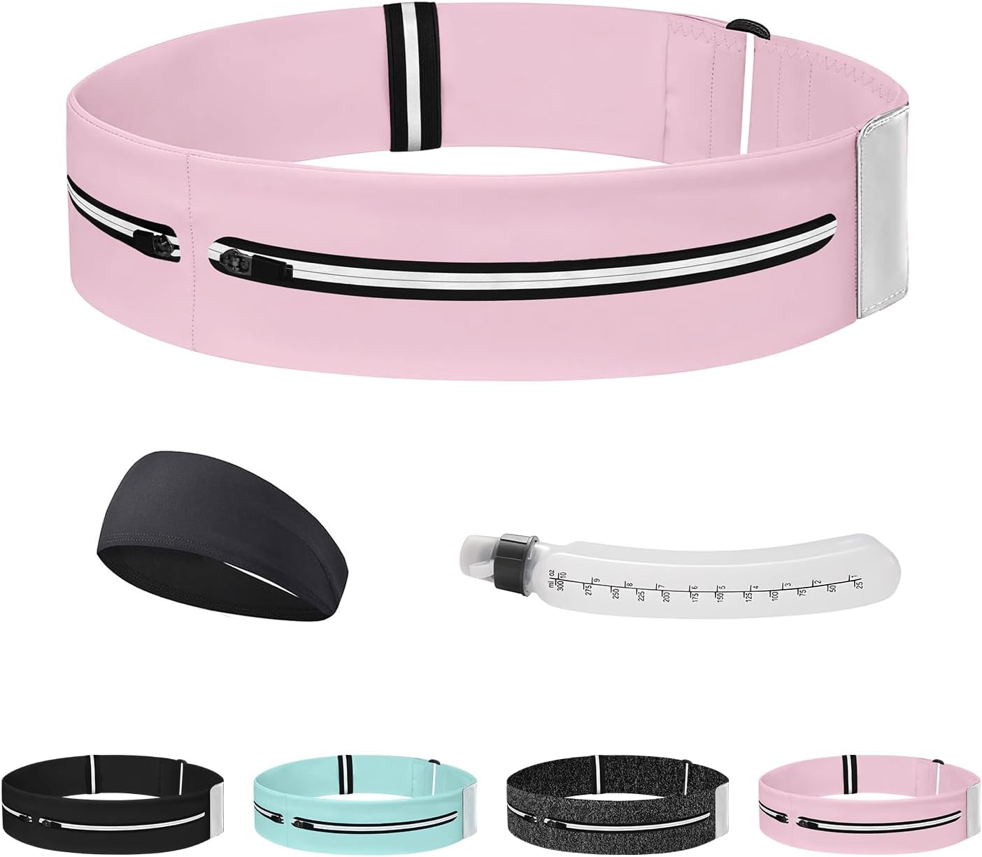 Running Belt for Women and Men, Adjustable Fanny Packs No Bounce Phone Holder for Running with Water Bottle & Headband, Waterproof Reflective Waist Packs for Runner Fits All Phones (L-Pink)
