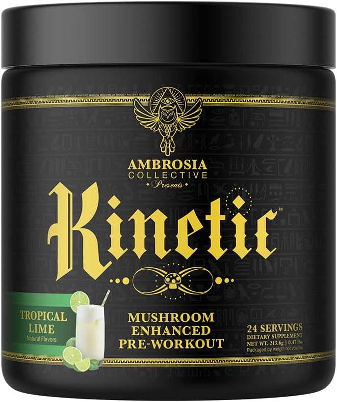 Ambrosia Kinetic Organic Preworkout, Mushroom Enhanced Natural Pre Workout Supplement, Nootropic Superfood Powder for Energy (Tropical Lime)