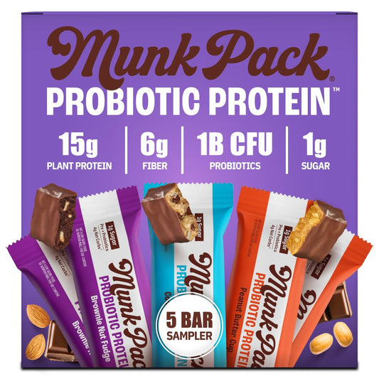 Munk Pack 15g Probiotic Keto Protein Bars - Low Sugar, High Protein -1g Sugar, 4g Net Carbs. Vegan + Plant Based Gut Health. Low Carb Healthy Snack Bar. Sampler Pack - 5 Count