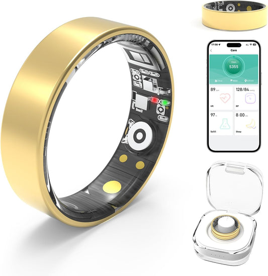 Smart Rings for Women Men,Fitness Tracker Ring,Heart Rate,Blood Oxygen,Blood Pressure,Step Tracker,Sleep Monitoring,No Subscription Fee,IP68 Waterproof Smart Ring for iphone&Android(Gold 13)