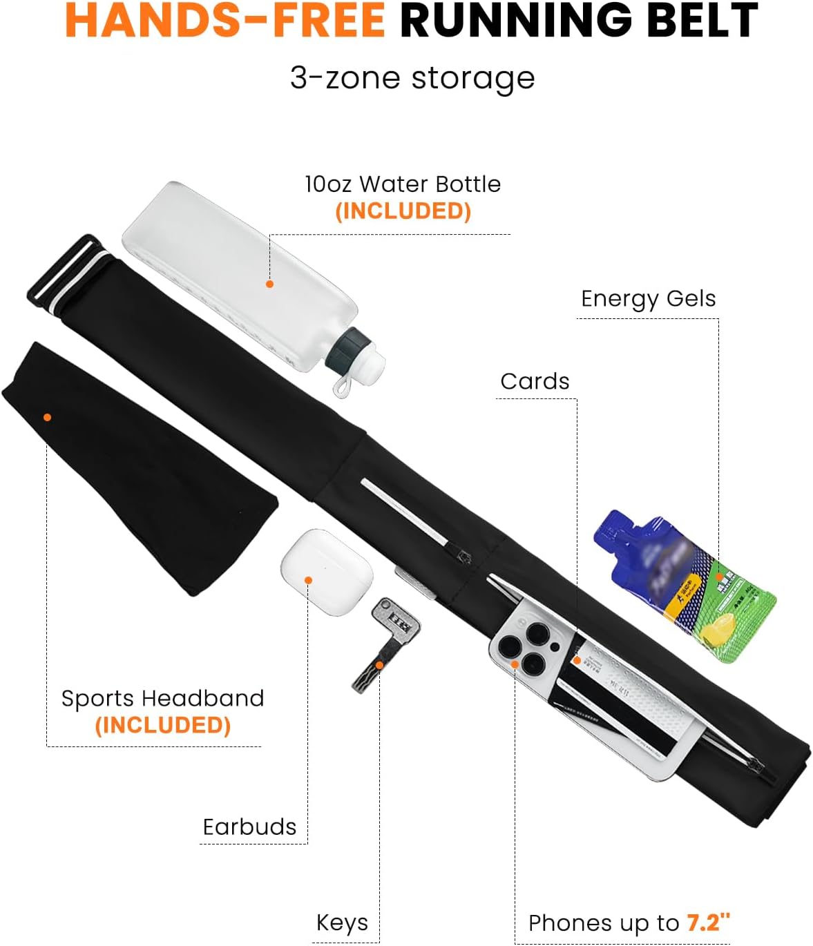 Running Belt for Women and Men, Adjustable Fanny Packs No Bounce Phone Holder for Running with Water Bottle & Headband, Waterproof Reflective Waist Packs for Runner Fits All Phones (L-Black)