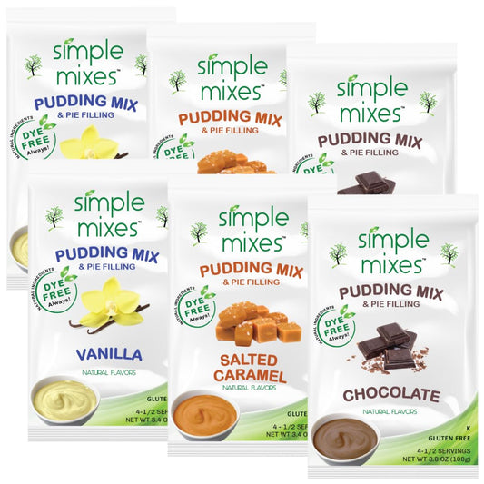 Simple Mixes Natural Instant Pudding & Pie Filling Mix Variety, Chocolate, Vanilla & Salted Caramel, Gluten and Dye-Free, No Fat, or Lactose, Kosher, Variety 6 Pack
