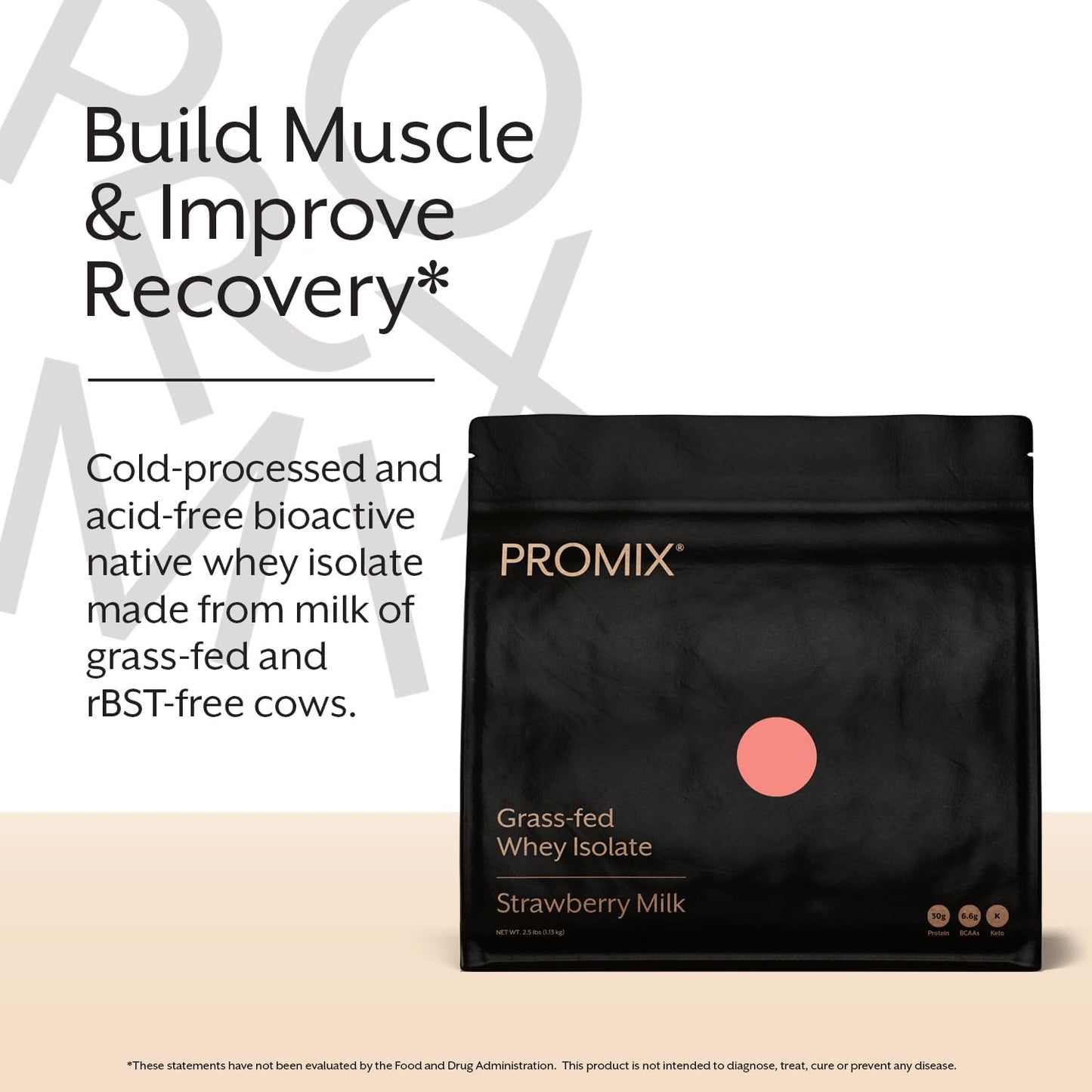 Promix Whey Protein Isolate Powder, 31g Grass Fed Whey Isolate, 6.6g BCAAs, Gluten Free, Keto Friendly, Strawberry Milk, 2.5lb
