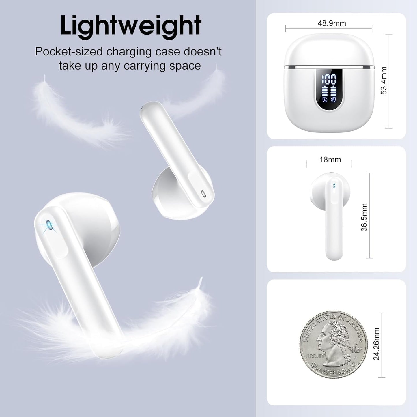 Wireless Earbuds, Bluetooth 5.4 Headphones with 3D Bass Stereo, 40H Ultralight in-Ear Buds, Bluetooth Earbuds with 4 ENC Noise Cancelling Mic, USB-C, IP7 Waterproof Earphones for Android iOS, Milky