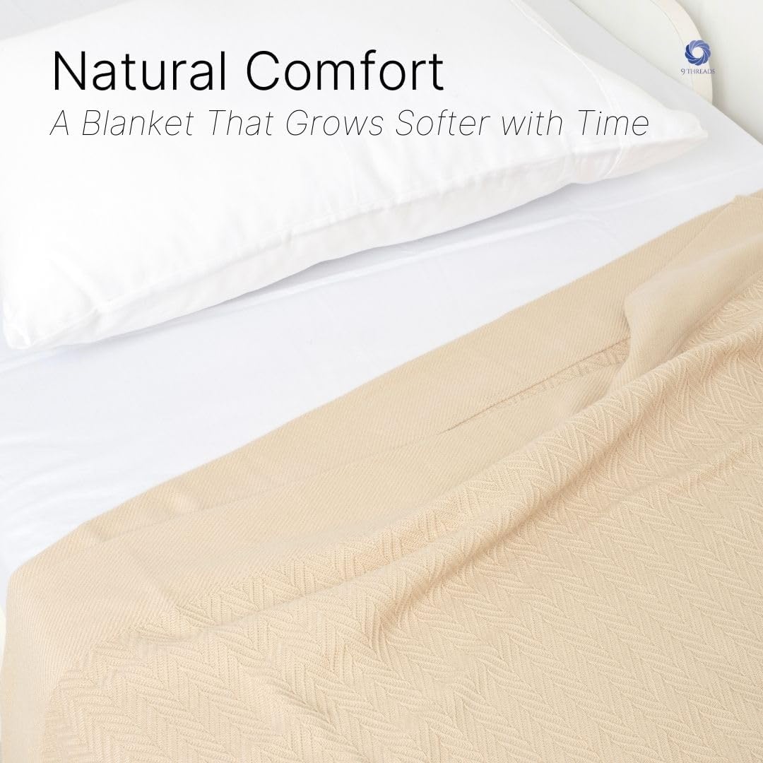 Queen Size Multipurpose Blanket, 100% Extra Long Staple Cotton, Soft & Breathable Herringbone Weave, Beige, Lightweight, Machine Washable, All-Season Throw Blanket for Bedroom & Travel