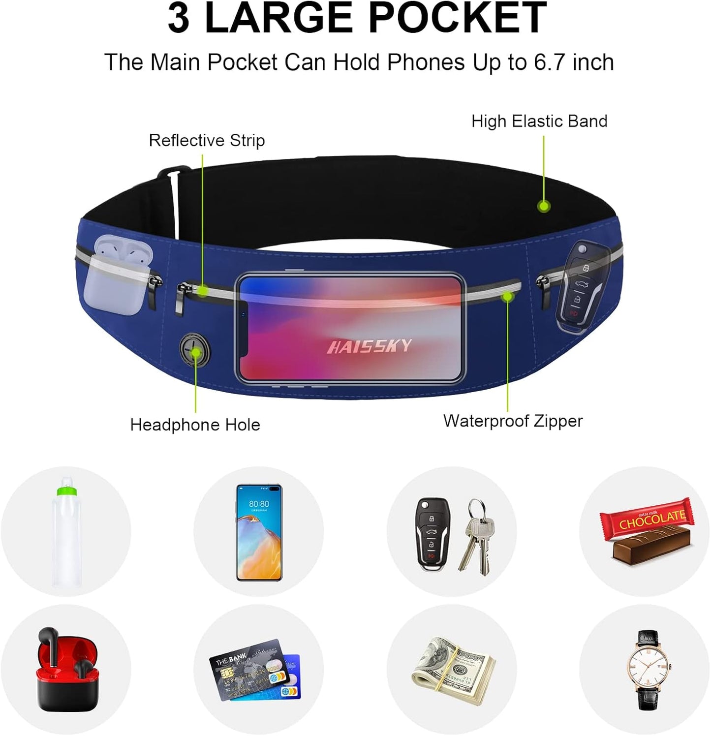 Guzack Slim Running Belt for Phone 6.8'', Ultra Light Running Belts for Women/Men, Zipper Waterproof Running Waist Pack, Reflective Running Fanny Pack With 3 Separate pouch