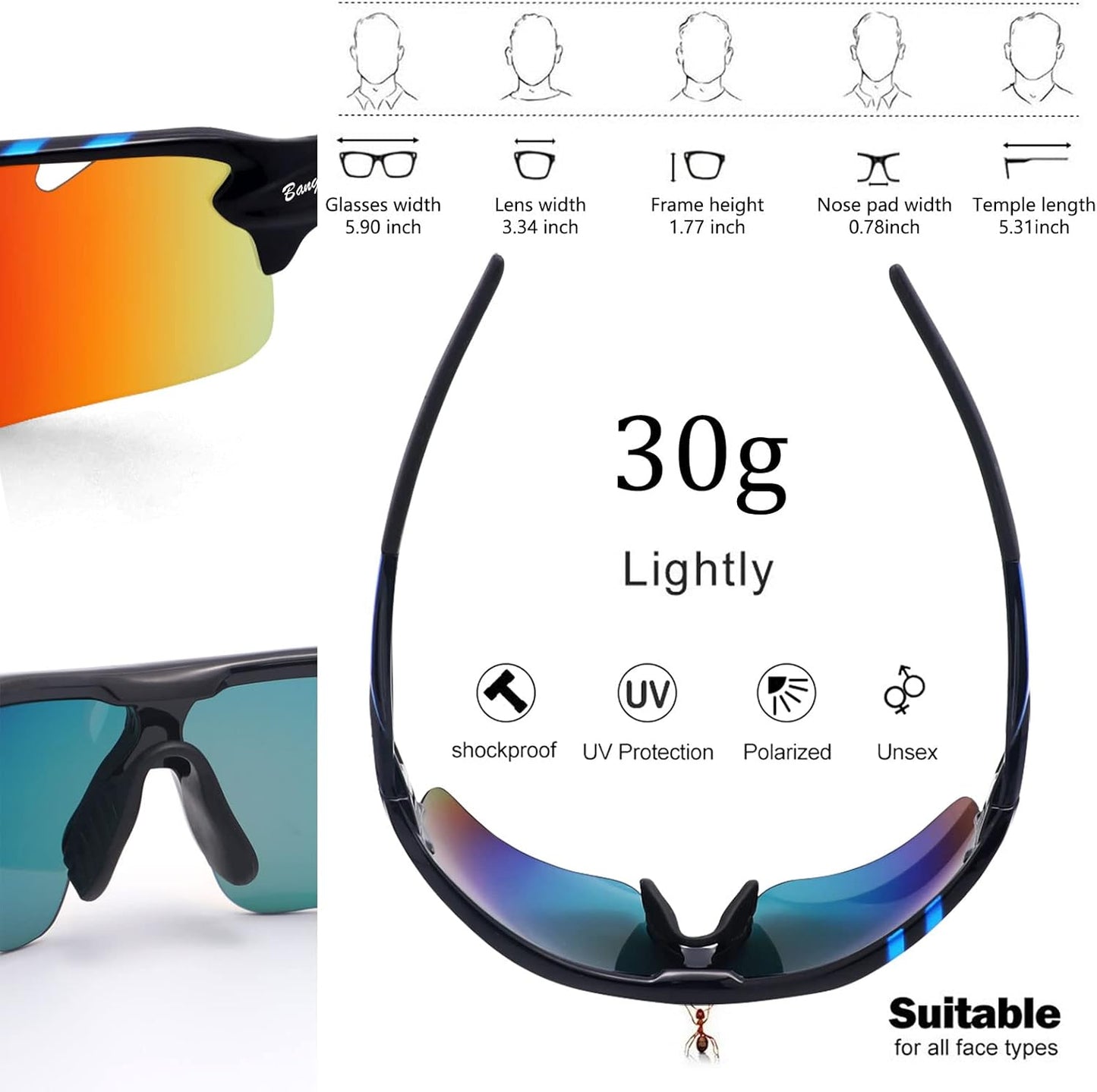 BangLong Polarized Sports Sunglasses Cycling Sun Glasses for Men Women with 5 Interchangeable Lenes for Running Baseball Golf