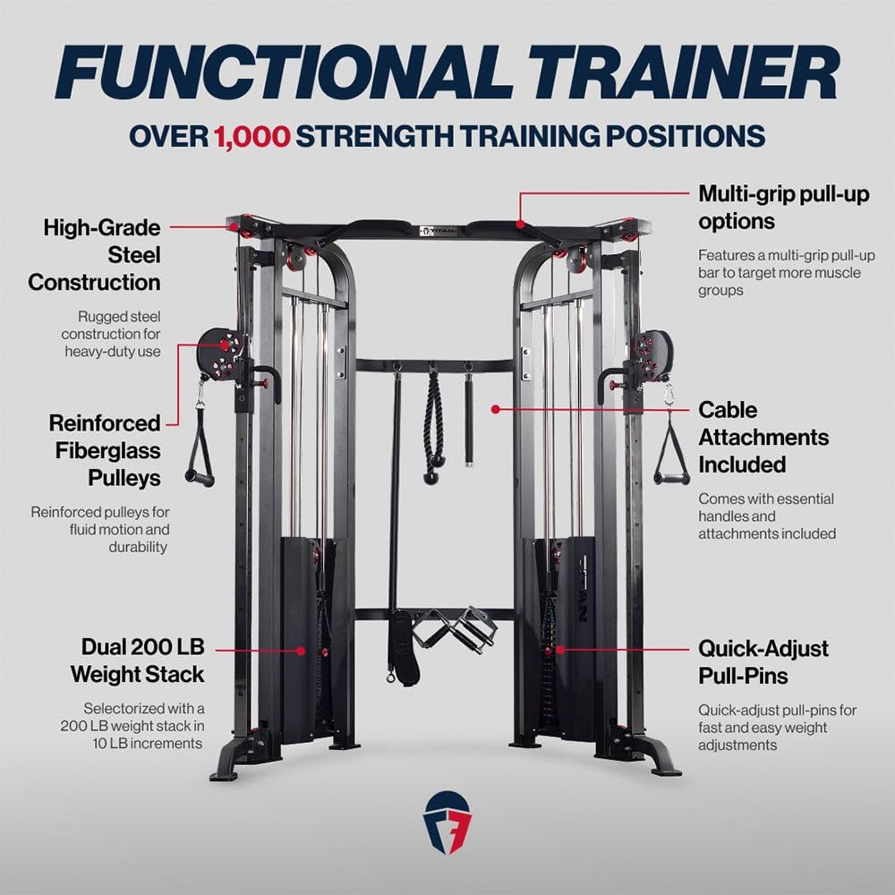 Titan Fitness Functional Trainer Cable Crossover Machine, 200 LB Double Weight Stack, 2:1 Cable Pull Station, Home Gym Workout Weight Training Machine with Attachments