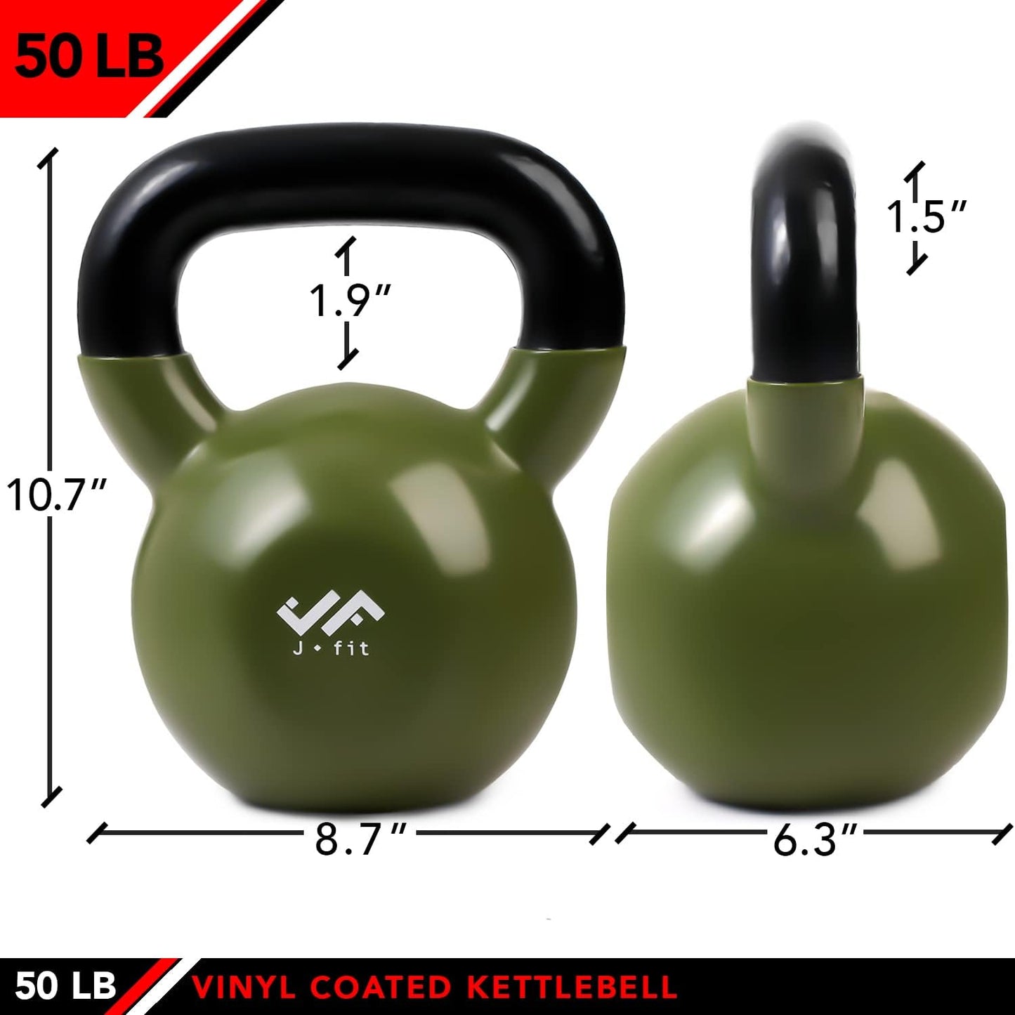 JFIT Kettlebell Weights Vinyl Coated Iron - 12 Size Options, 5lbs-50lbs - Coated for Floor and Equipment Protection, Noise Reduction, Ballistic, Core, Weight Training