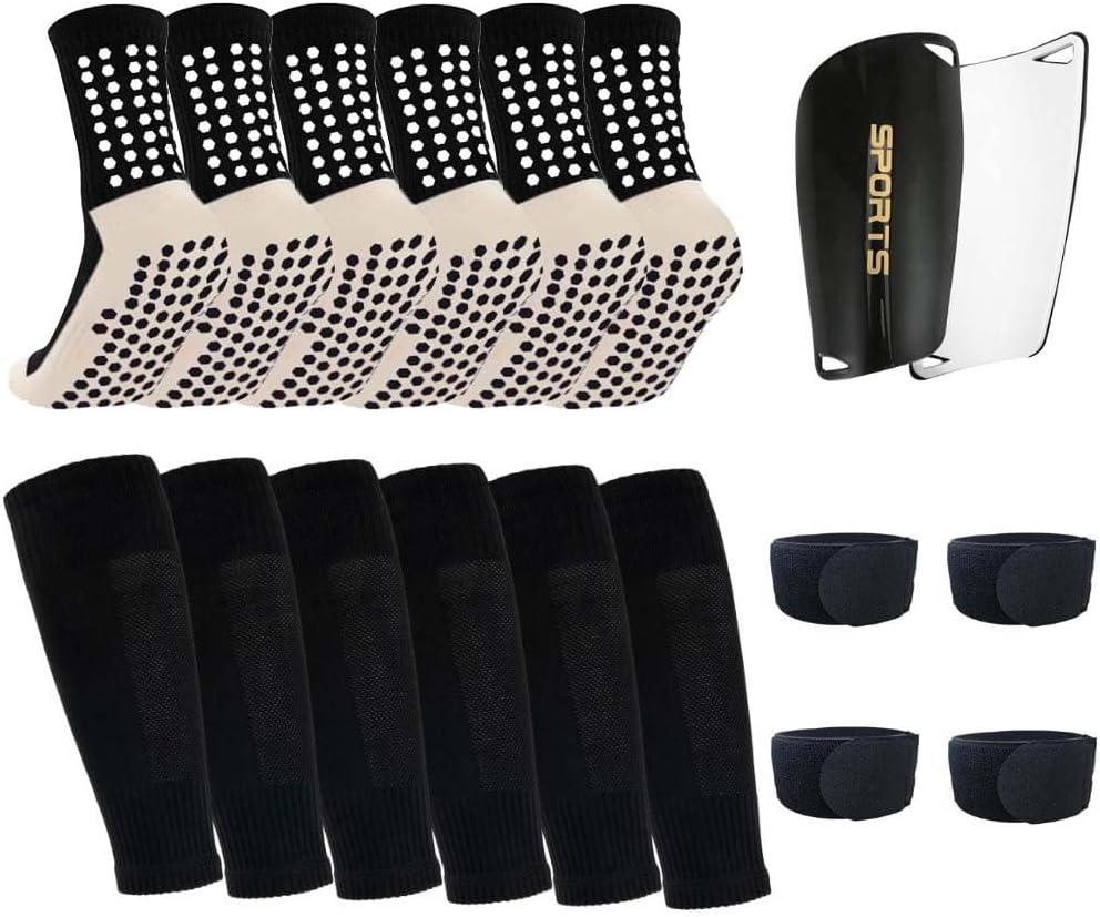 3 Pairs Mens Grip Soccer Socks, 3 Pairs Shin Sleeves with 1 Pack Shin Guards and 4 Shin Straps, Soccer Football Game Set 11 Pcs
