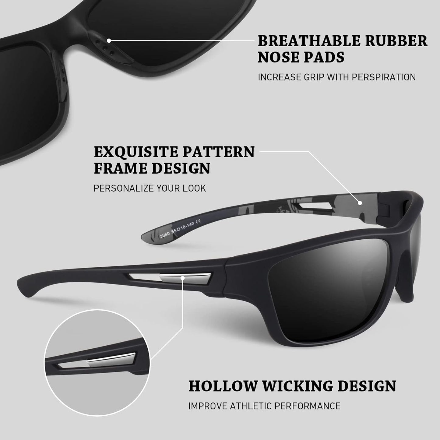 Polarized Sports Sunglasses for Men Women,Fishing Driving Rectangular Goggles UV400 Protection