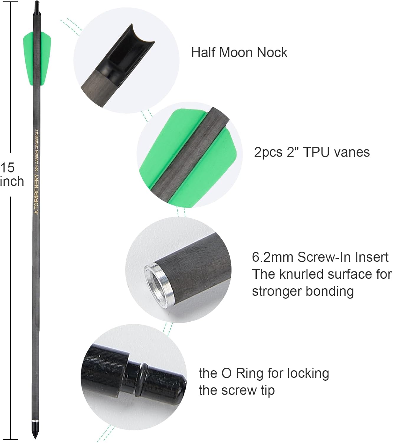 Crossbow Bolts 15 Inch Archery Carbon Crossbow Arrows with Moon Nocks Hunting Archery Arrows（12pcs