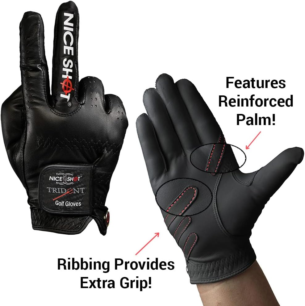 Nice Shot Trident Golf Glove with Power Grip Strips in Premium Black Cabretta Leather