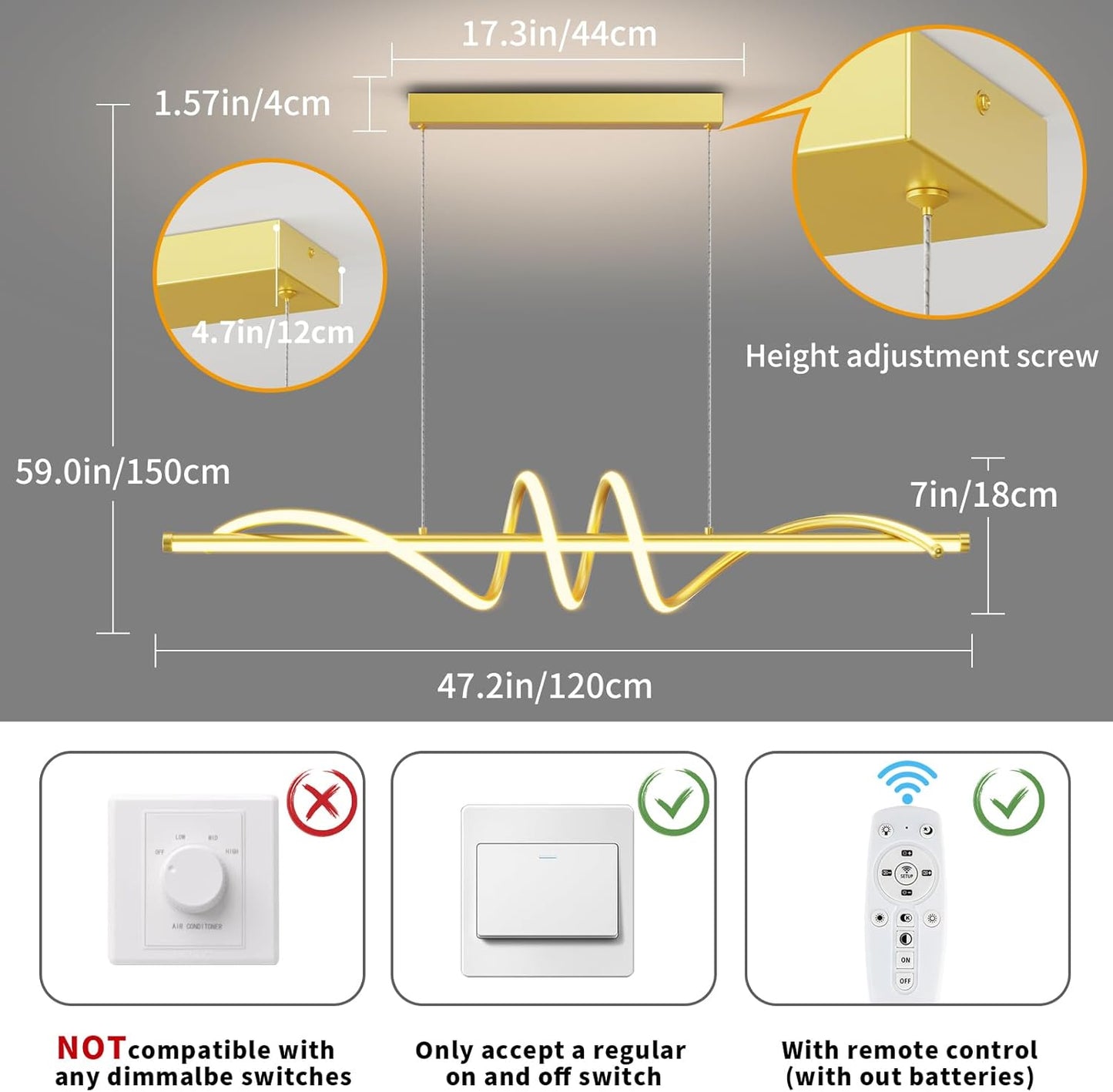 Modern LED Pendant Lights, 47in Gold Chandelier Dimmable with Remote Control 3000k-6000K Adjustable Color Temperature, Aluminum Island Lighting Lamp Fixture for Kitchen, Dining Room