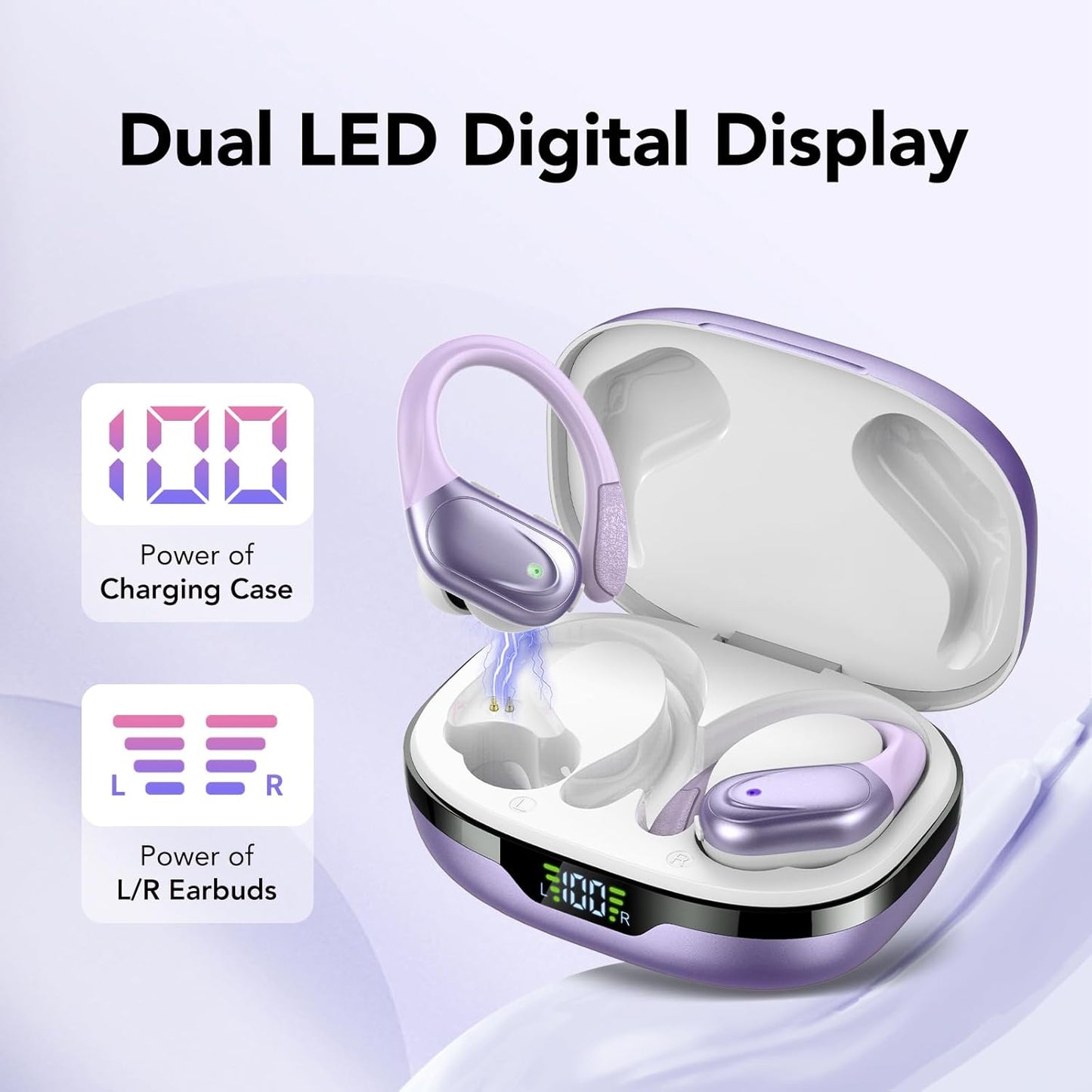 Ear buds Wireless Earbuds Bluetooth 5.3 Headphones 60hrs Playtime with Digital Display Sports Wireless Headphones with Earhook Deep Bass IPX7 Waterproof Over-Ear Earbuds for Android iOS Workout Purple