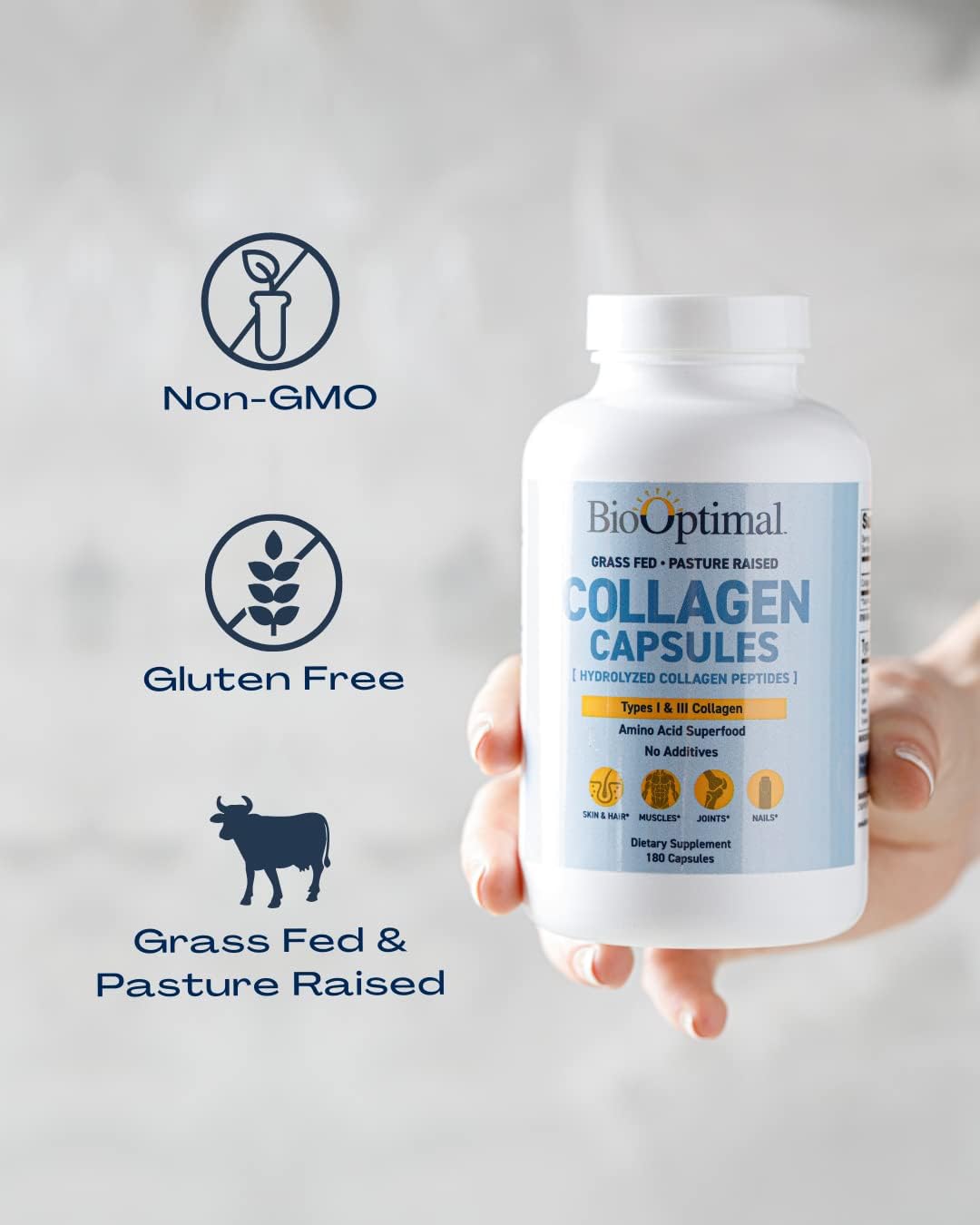 Collagen Peptides Capsules - Grass-Fed, Pasture-Raised Hydrolyzed Protein Supplement for Skin, Hair, & Nails - Non-GMO, Zero Sugar Daily Pills for Men & Women (180 Capsules)