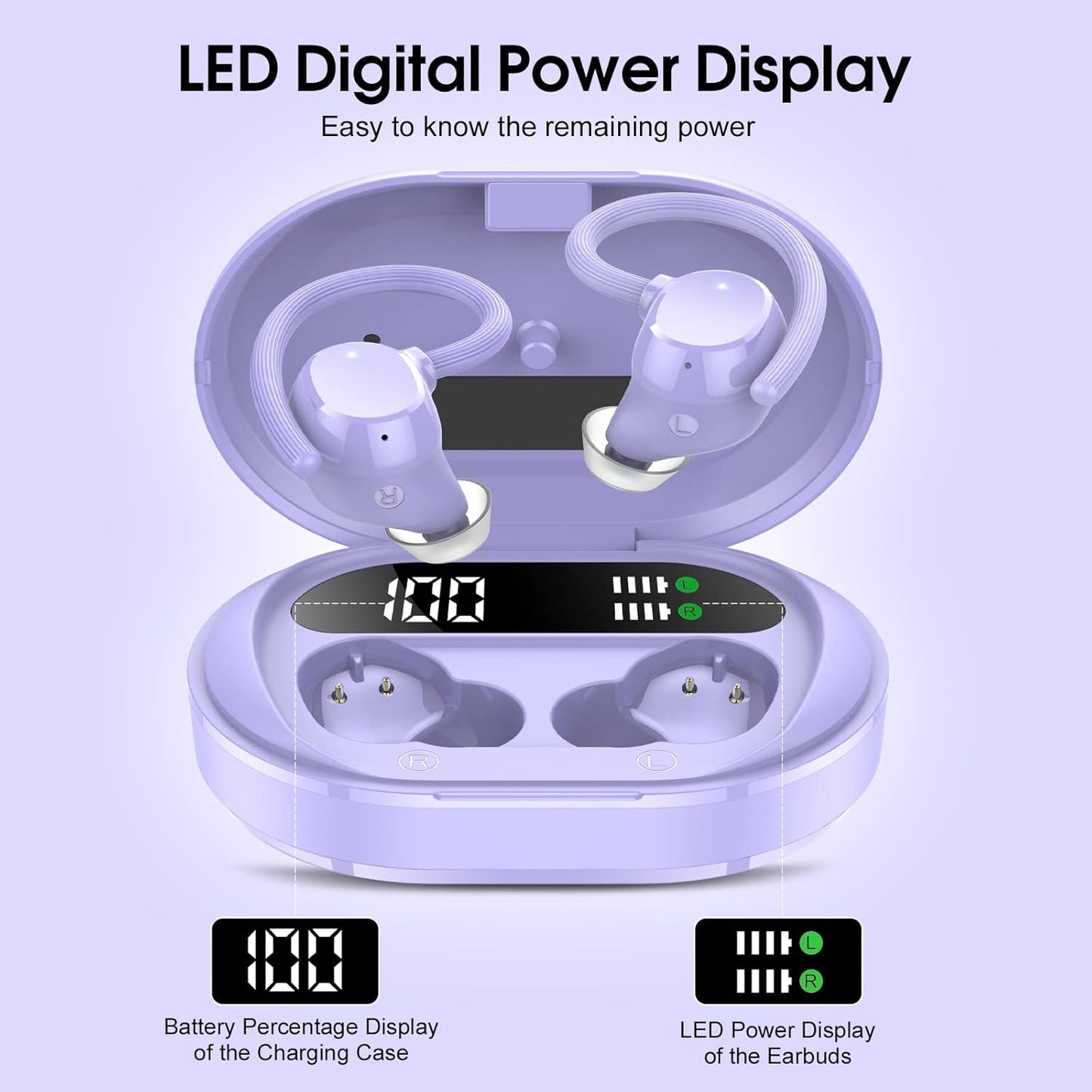 Wireless Earbuds, 2023 New Ultralight Sport Bluetooth 5.3 Headphones In Ear with LED Display, Built-in Mic Earphones, IPX7 Waterproof Wireless Headphones with Earhooks for Gym Workout (Purple)