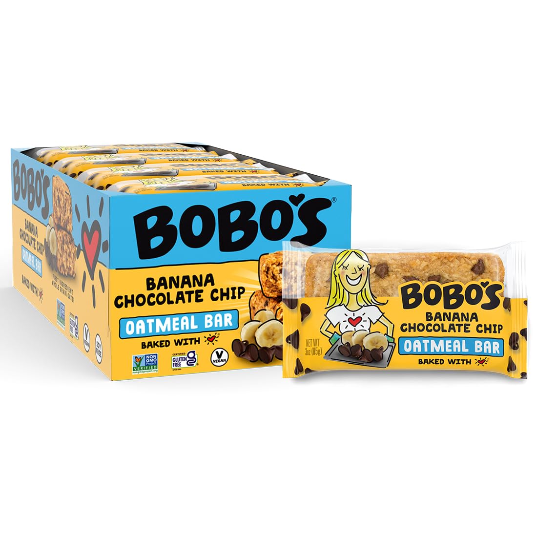 Bobo's Oatmeal Bars, Banana Chocolate Chip, Gluten Free Vegan Whole Grain Oat Bars, Pack of 12