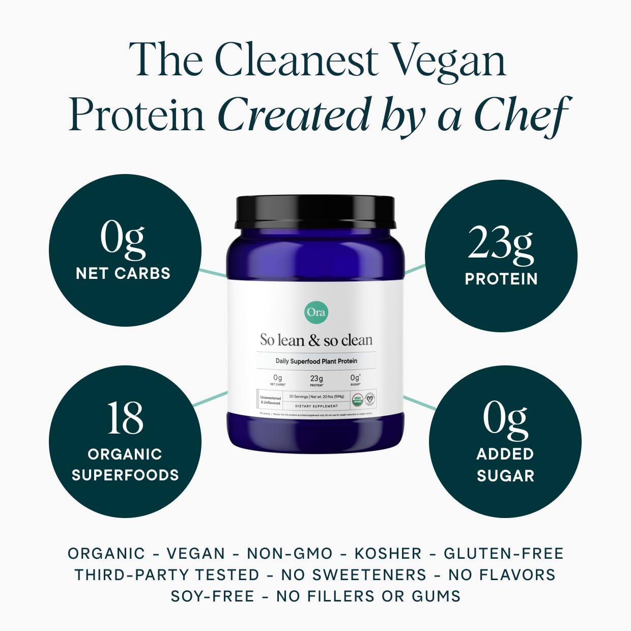 Ora Organic Vegan Protein Powder - 23g Plant Based Pea Protein + Superfood for Women and Men - Unsweetened & Unflavored - 20 Servings, No Erythritol, Keto-Friendly, Gluten-Free, Paleo, Soy-Free