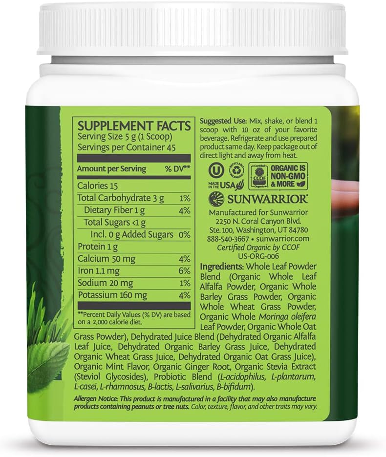 Organic Greens Powder Superfood Complex | Organic Super Greens Powder from Raw Juice with Probiotics Moringa Leaf & Electrolyte Minerals | Vegan Non-GMO No Added Sugar (Mint, 45 Servings)