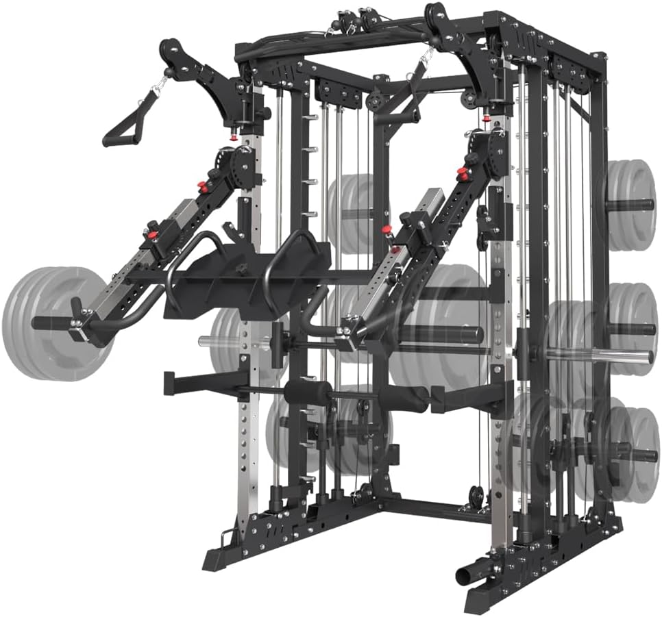 Commercial Smith Machine with Smith Bar, 4000LBS Power Cage Squat Rack with Lever Arm, Leg Press, LAT Pull Down System, Multi-Function Linear Bearing Cable Crossover Machine for Home Gym