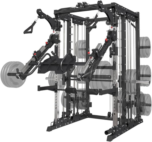 Commercial Smith Machine with Smith Bar, 4000LBS Power Cage Squat Rack with Lever Arm, Leg Press, LAT Pull Down System, Multi-Function Linear Bearing Cable Crossover Machine for Home Gym